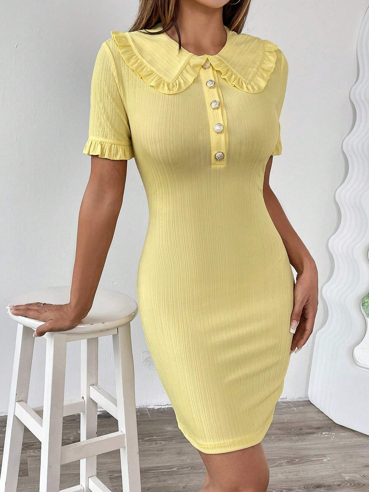 Casual Solid Color Knitted Peter Pan Collar Short Sleeve Bodycon Mini Dress For Women