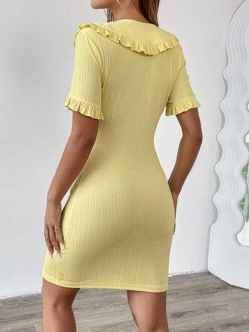 Casual Solid Color Knitted Peter Pan Collar Short Sleeve Bodycon Mini Dress For Women