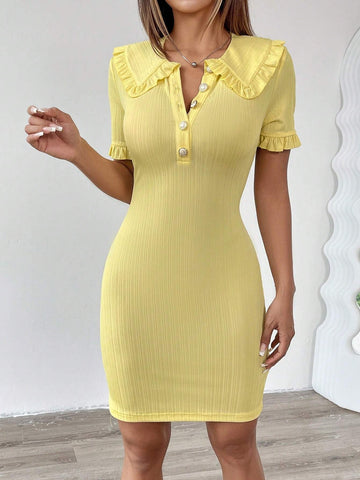 Casual Solid Color Knitted Peter Pan Collar Short Sleeve Bodycon Mini Dress For Women