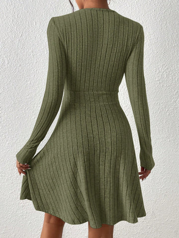 Casual Solid Ribbed Knit Long Sleeve Dress, Autumn