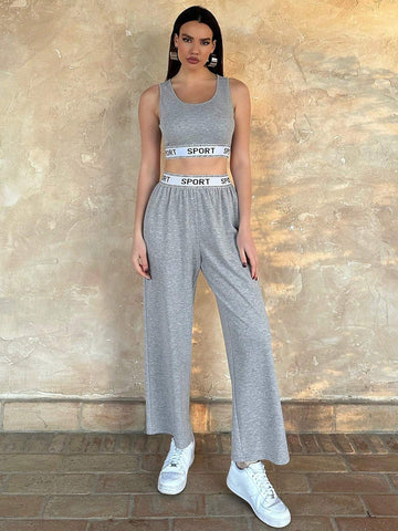 Casual Sports Elastic Band Vest And Pants Letter Printed Sports Suit