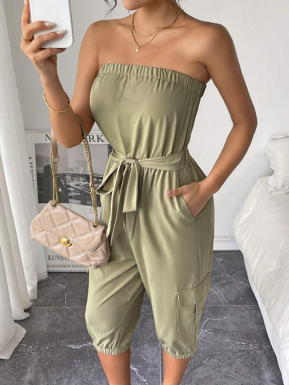 Casual Strapless Jumpsuit With Buttoned Front And Cuffed 7/8 Pants For Women