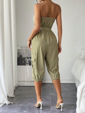 Casual Strapless Jumpsuit With Buttoned Front And Cuffed 7/8 Pants For Women