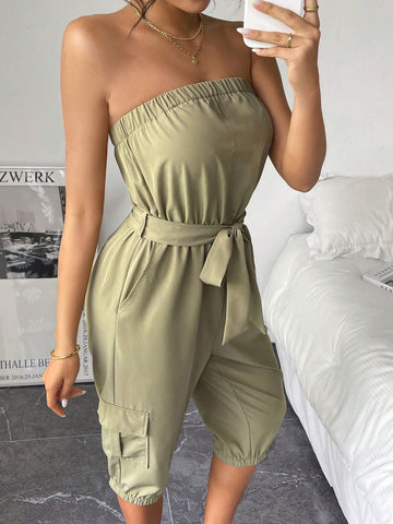 Casual Strapless Jumpsuit With Buttoned Front And Cuffed 7/8 Pants For Women