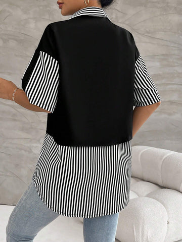 Essnce Casual Striped Colorblock Short Sleeve Shirt For Spring And Summer