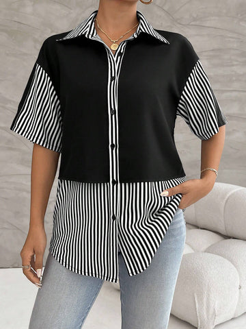 Essnce Casual Striped Colorblock Short Sleeve Shirt For Spring And Summer