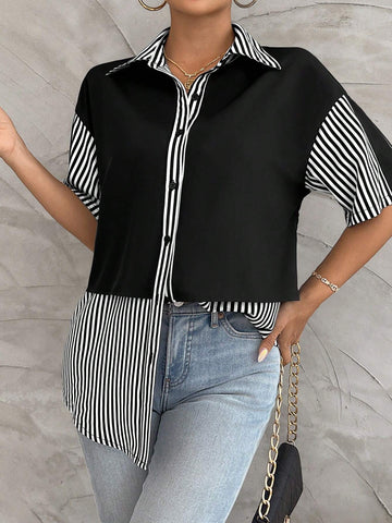 Essnce Casual Striped Colorblock Short Sleeve Shirt For Spring And Summer