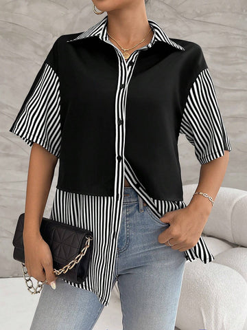 Essnce Casual Striped Colorblock Short Sleeve Shirt For Spring And Summer