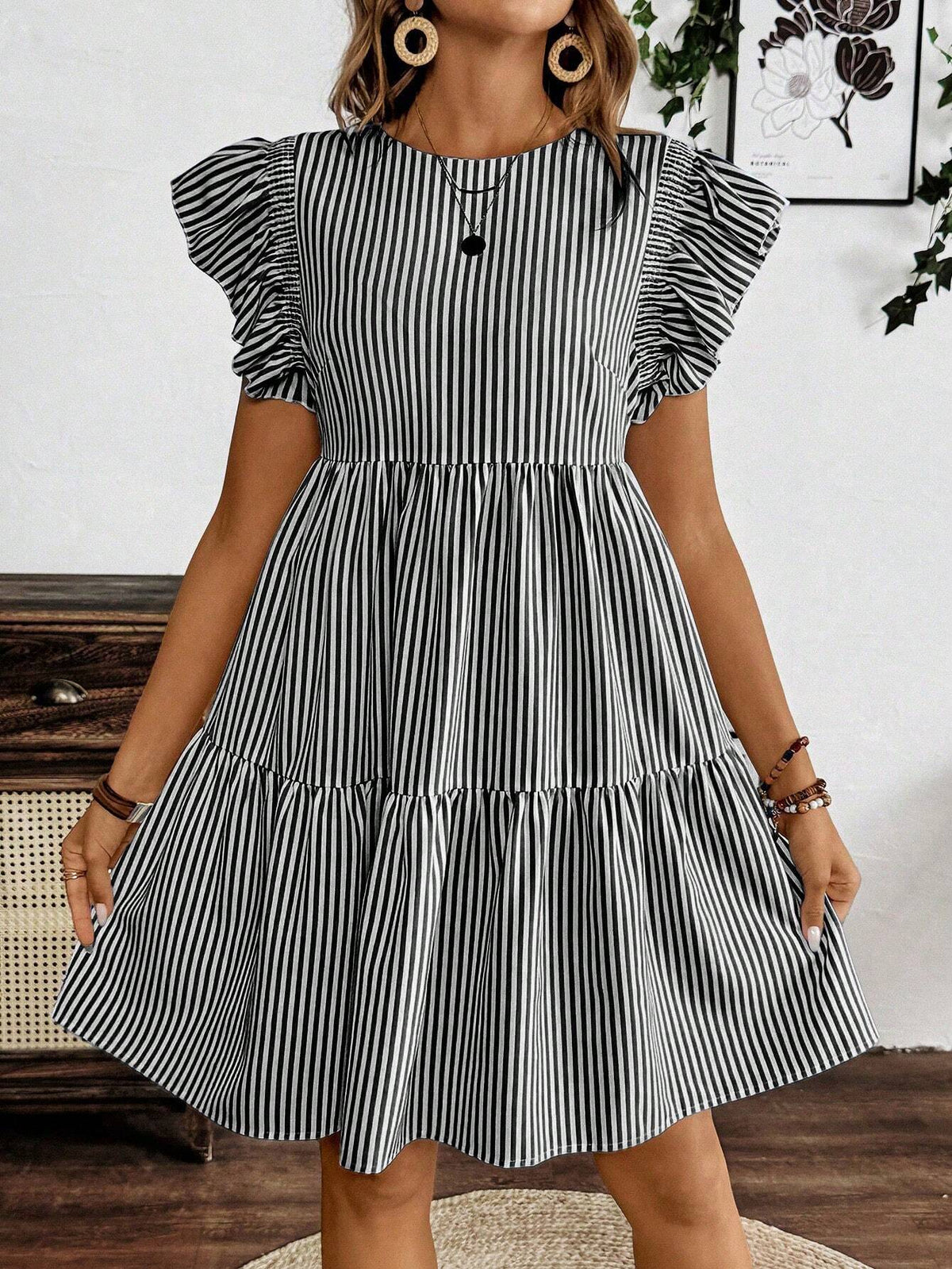 Casual Vacation Ruffle Hem Striped Print Round Neck Dress