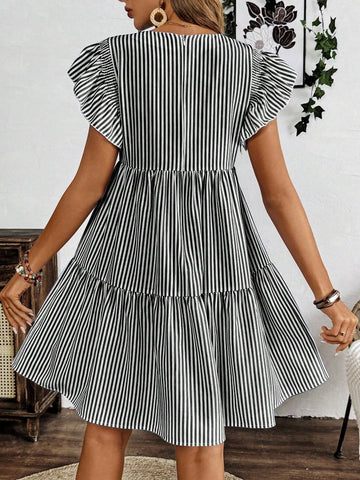 Casual Vacation Ruffle Hem Striped Print Round Neck Dress