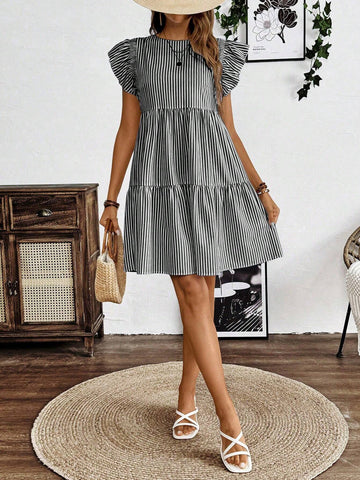 Casual Vacation Ruffle Hem Striped Print Round Neck Dress