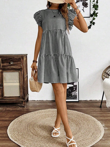 Casual Vacation Ruffle Hem Striped Print Round Neck Dress