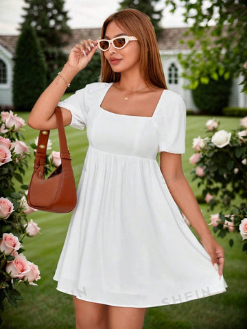 Casual Vacation Solid Color Square Neckline Puff Sleeve Babydoll Dress