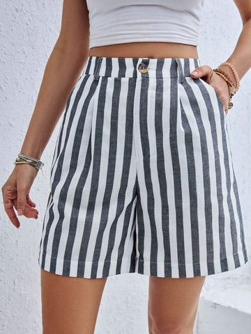 Essnce Casual Women Striped Color Block Wide Leg Shorts With Slant Pockets, Summer