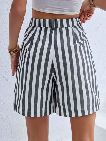 Essnce Casual Women Striped Color Block Wide Leg Shorts With Slant Pockets, Summer