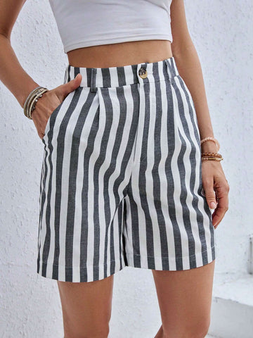 Essnce Casual Women Striped Color Block Wide Leg Shorts With Slant Pockets, Summer