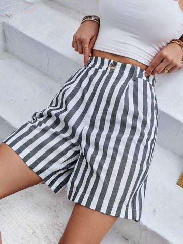 Essnce Casual Women Striped Color Block Wide Leg Shorts With Slant Pockets, Summer