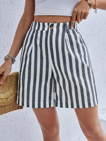 Essnce Casual Women Striped Color Block Wide Leg Shorts With Slant Pockets, Summer