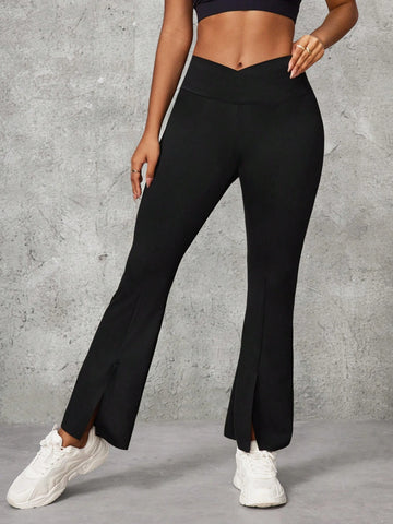 Essnce Casual & Simple V-Neck Low Waist Skinny Slit Flare Stretch Pants, Spring Autumn