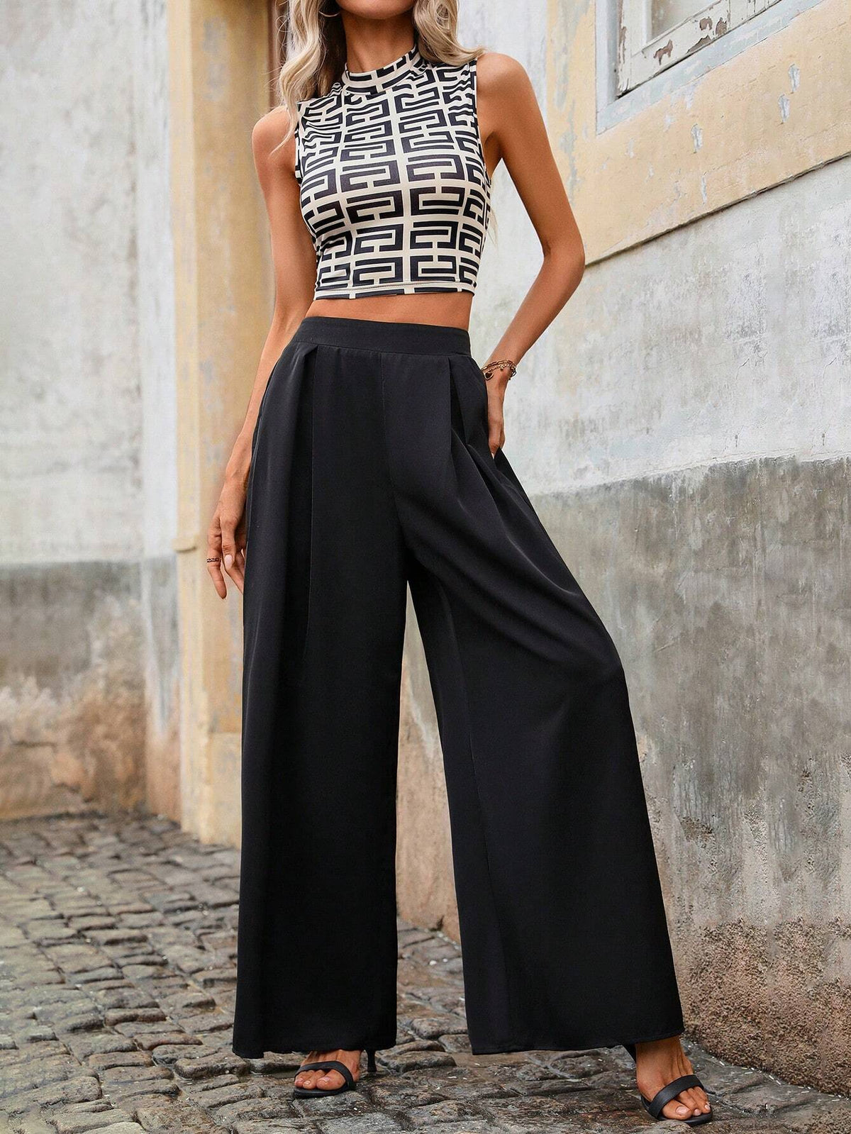 Chic Women's 2pcs Sleeveless Geometrical Print Vest And High-Waist Black Wide-Leg Pants, All-Match Casual/Formal