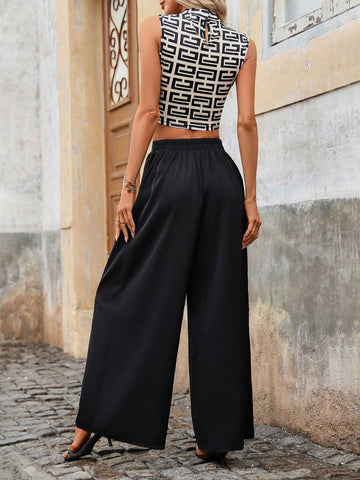 Chic Women's 2pcs Sleeveless Geometrical Print Vest And High-Waist Black Wide-Leg Pants, All-Match Casual/Formal