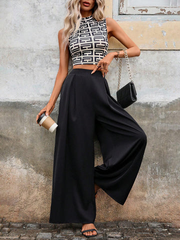 Chic Women's 2pcs Sleeveless Geometrical Print Vest And High-Waist Black Wide-Leg Pants, All-Match Casual/Formal