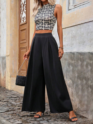 Chic Women's 2pcs Sleeveless Geometrical Print Vest And High-Waist Black Wide-Leg Pants, All-Match Casual/Formal