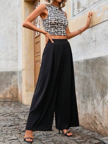 Chic Women's 2pcs Sleeveless Geometrical Print Vest And High-Waist Black Wide-Leg Pants, All-Match Casual/Formal