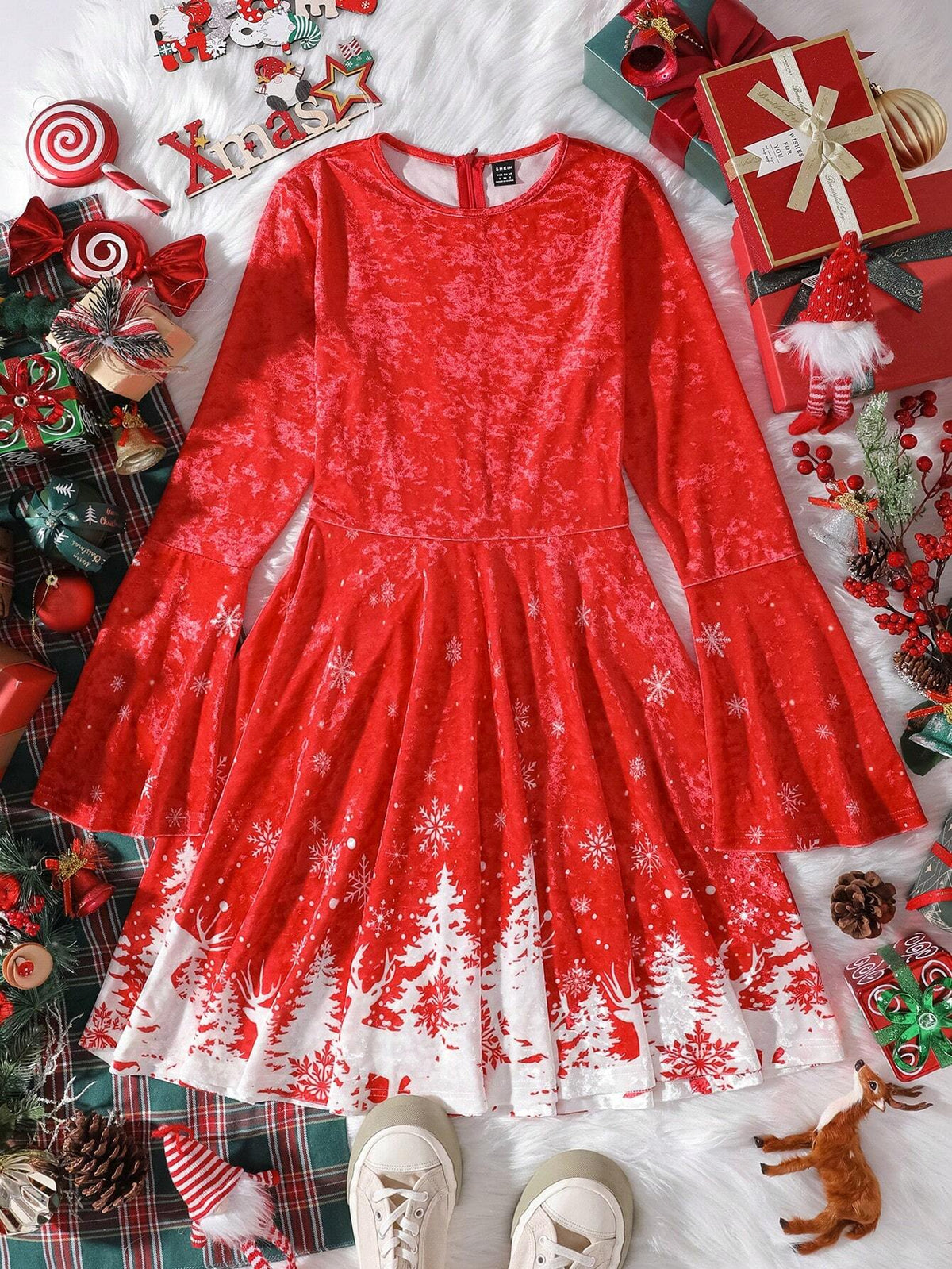 Christmas Dress Christmas Red Snow Scene Print Bell-Sleeved Long-Sleeved A-Hem Skirt
