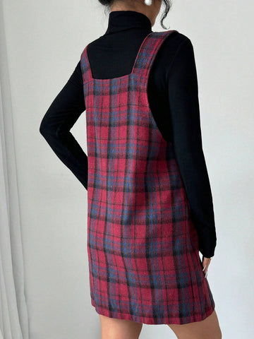 Christmas New Year Casual Loose Pocket Brushed Plaid Cute Pinafore Jumper Dress, Suitable For Autumn/Winter