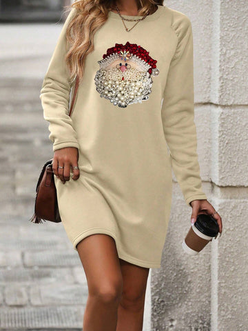 Christmas Santa Claus Printed Crew Neck Long Sleeve Dress For Women