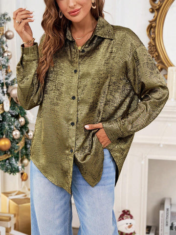 Essnce Christmas Shirt Women Gold Open Back Long Sleeve Casual Shirt