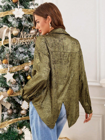 Essnce Christmas Shirt Women Gold Open Back Long Sleeve Casual Shirt
