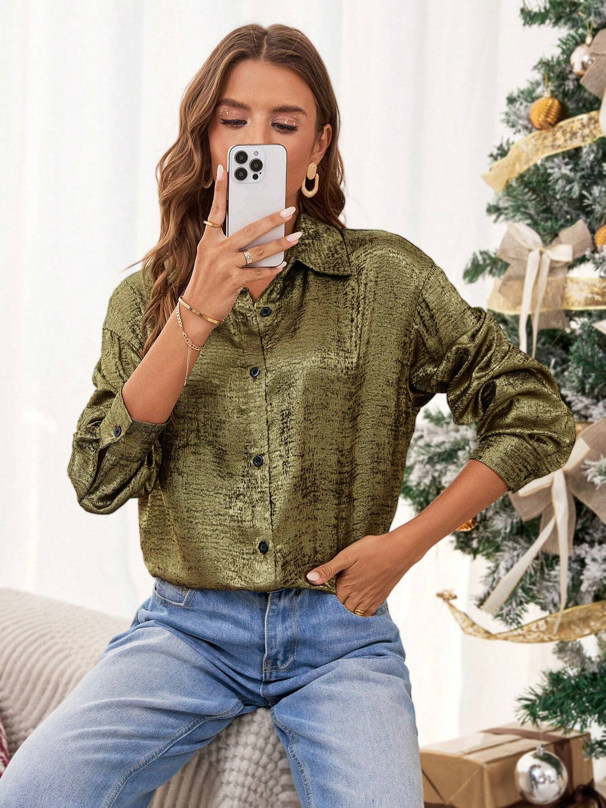Essnce Christmas Shirt Women Gold Open Back Long Sleeve Casual Shirt