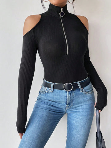 Cold Shoulder Half Zip Tee