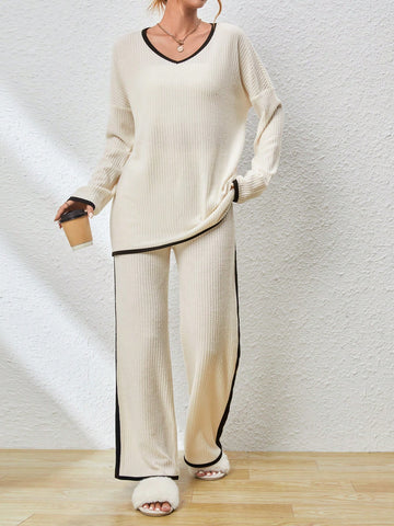 Color-block Collar & Placket Knitwear Casual Two Piece Set