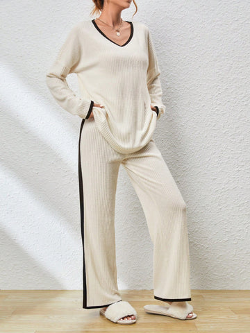 Color-block Collar & Placket Knitwear Casual Two Piece Set