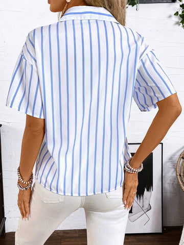 Essnce Color Block Striped Short Sleeve Single-Breasted Women's Summer Shirt