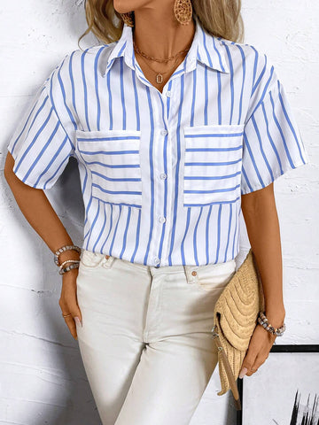 Essnce Color Block Striped Short Sleeve Single-Breasted Women's Summer Shirt
