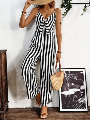 Colorblock Striped Tie-Strap Jumpsuit, Perfect For Vacation & Casual Wear