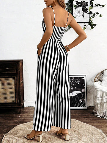Colorblock Striped Tie-Strap Jumpsuit, Perfect For Vacation & Casual Wear