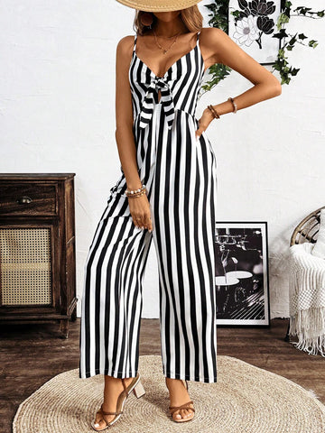Colorblock Striped Tie-Strap Jumpsuit, Perfect For Vacation & Casual Wear
