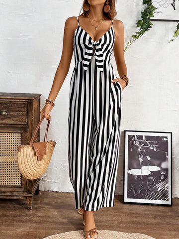 Colorblock Striped Tie-Strap Jumpsuit, Perfect For Vacation & Casual Wear