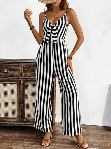 Colorblock Striped Tie-Strap Jumpsuit, Perfect For Vacation & Casual Wear