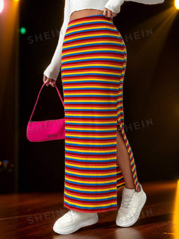 Essnce Colorful Striped Knitted Skirt With Side Slit, Spring And Summer