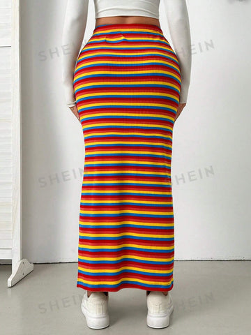 Essnce Colorful Striped Knitted Skirt With Side Slit, Spring And Summer