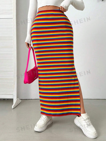 Essnce Colorful Striped Knitted Skirt With Side Slit, Spring And Summer