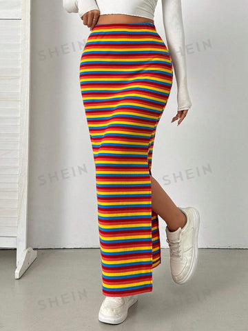 Essnce Colorful Striped Knitted Skirt With Side Slit, Spring And Summer