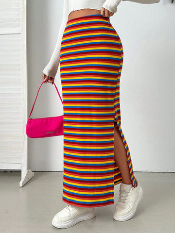 Essnce Colorful Striped Knitted Skirt With Side Slit, Spring And Summer