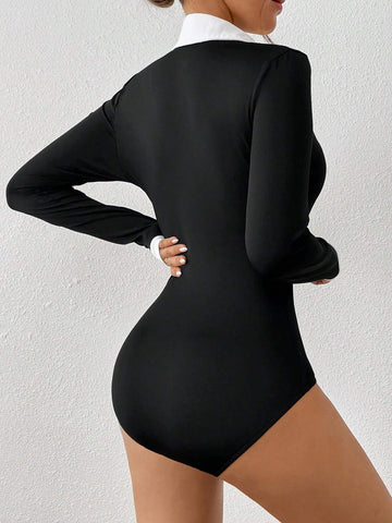 Contrast Color Block Polo Collar Short Sleeve Bodysuit, Slim Fit & Flattering